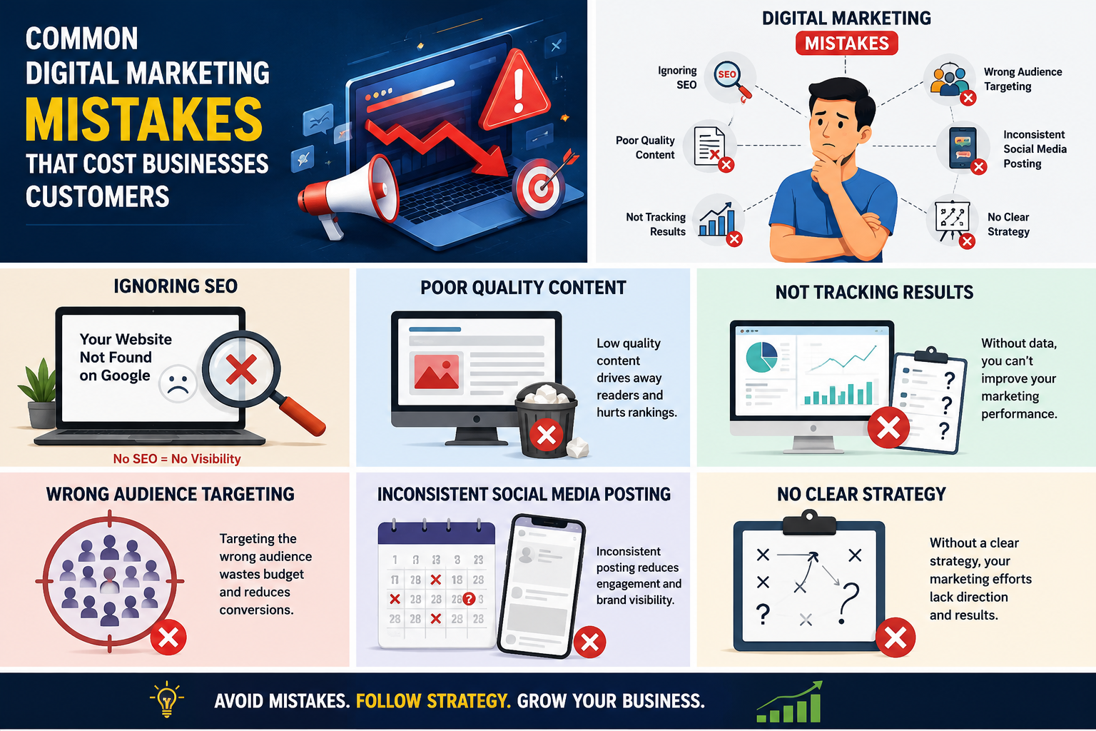 Illustration showing common digital marketing mistakes such as poor SEO, weak social media strategy, ineffective paid advertising, and low website conversions affecting business growth.